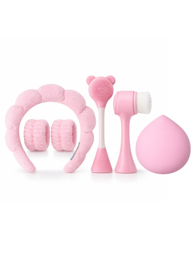 MOSH 5-Piece Facial Skincare Tools Set for Women – Cleansing Brush, Silicone Face Scrubber, Makeup Sponge, Spa Headband & Wristbands, Pink - Image 1